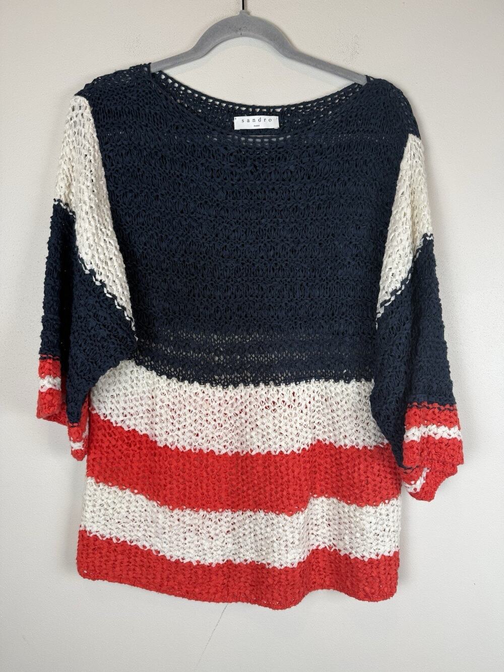 SANDRO Paris Fishnet Knit 3/4 Sleeve Boat Neck Sweater America Flag Sz L